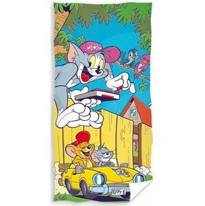 Gyerek fürdőlepedő CARBOTEX Tom és Jerry sárga kabrióban 70×140 cm