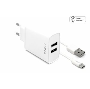 Töltő adapter FIXED Smart Rapid Charge 2 x USB + 1m USB to USB-C kábel - 15W, fehér