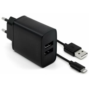Töltő adapter FIXED Smart Rapid Charge 2 x USB + 1m USB to Lightning kábel - 15W, fekete