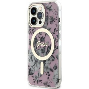 Telefon tok Guess PC/TPU Flowers IML MagSafe kompatibilis iPhone 13 Pro hátlap tok, rózsaszín