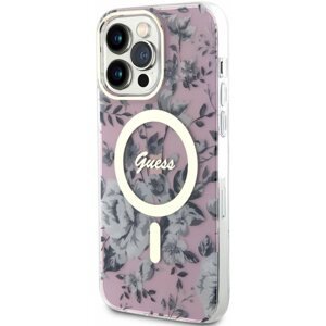 Telefon tok Guess PC/TPU Flowers IML MagSafe kompatibilis iPhone 14 Pro Max hátlap tok, rózsaszín