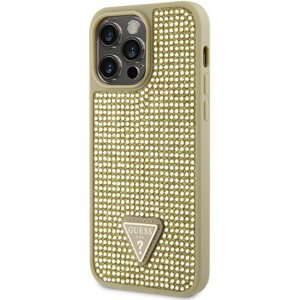 Telefon tok Guess Rhinestones Triangle Metal Logo iPhone 14 Pro Max aranyszín tok