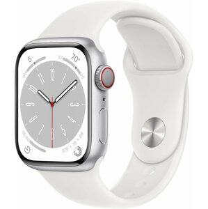 Okosóra Apple Watch Series 8 41mm Cellular - ezüst alumínium tok, fehér sport szíj