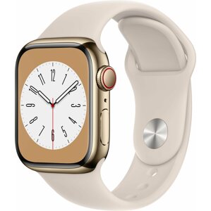 Okosóra Apple Watch Series 8 41mm Cellular - arany rozsdamentes acél tok, fehér sport szíj