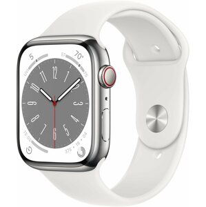 Okosóra Apple Watch Series 8 45mm Cellular - ezüst rozsdamentes acél tok, csillagfény sport szíj