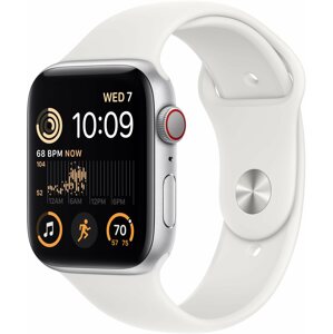 Okosóra Apple Watch SE (2022) 44mm Cellular - ezüst alumínium tok, fehér sport szíj