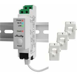 Energiafelhasználás mérő Shelly Pro 3EM, fogyasztásmérő, 3 csipesz, 120 A, WiFi, LAN, BT